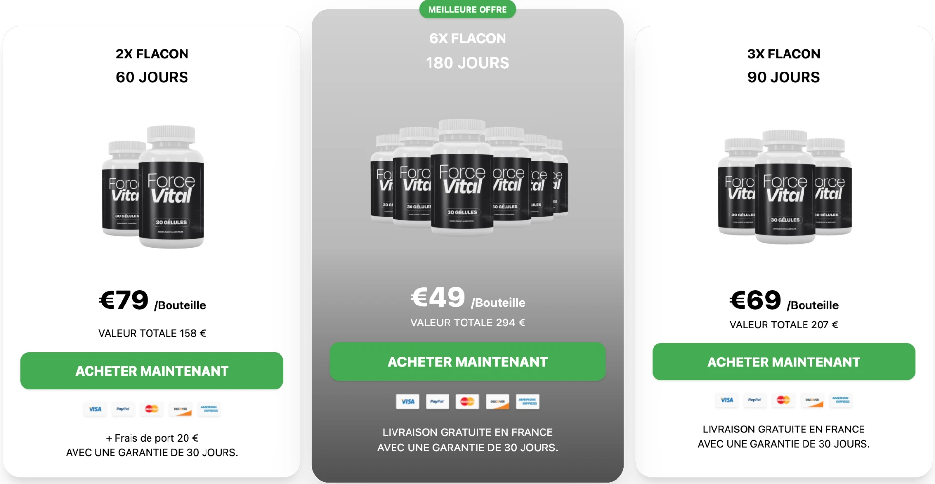 Packs officiels ForceVital France : 2 flacons à 79 €, 3 flacons à 69 € et 6 flacons à 49 € la bouteille