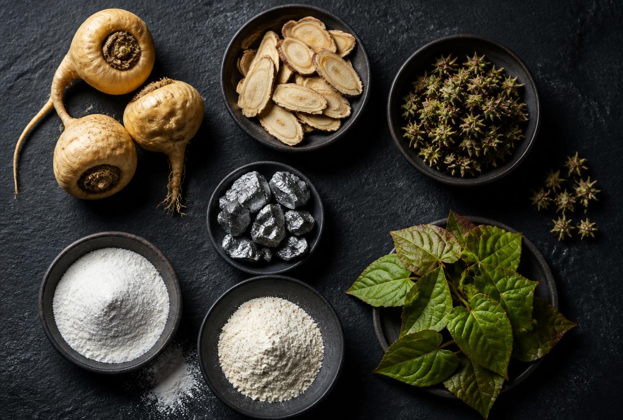 Ingrédients naturels typiques d'une formule de vitalité masculine : maca, ginseng, tribulus, zinc, L-arginine